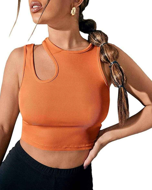 Women's T-Shirts Fashion Hollowed-out Camisole in orange, European style, exposed navel, ultra-short length.