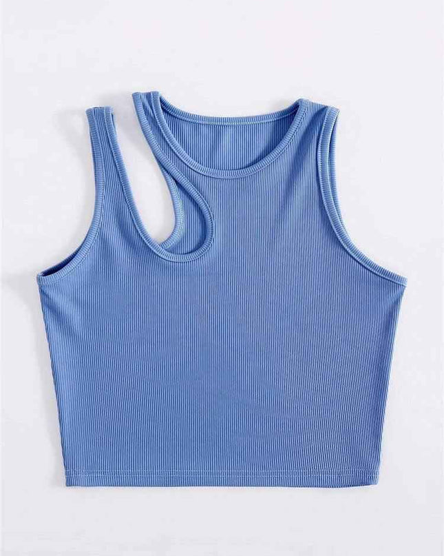 Blue women's fashion hollowed-out bottoming camisole with exposed navel element.