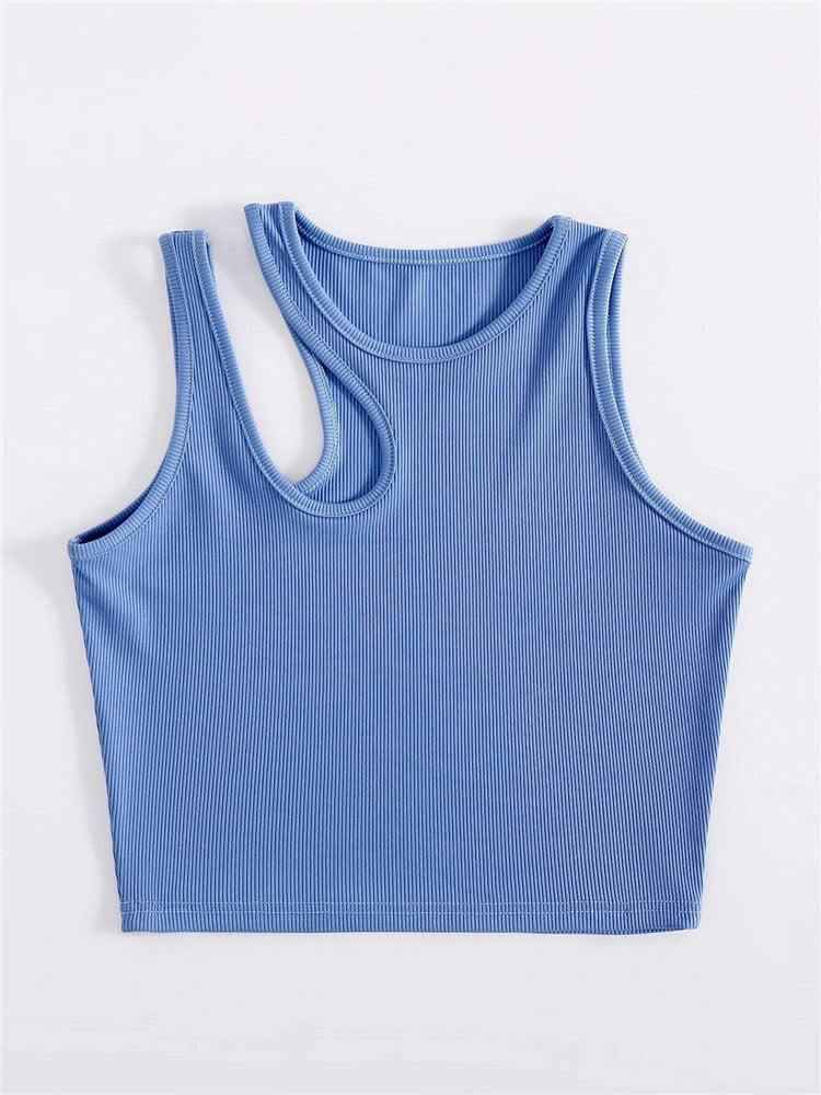 Blue women's fashion hollowed-out bottoming camisole with exposed navel element.