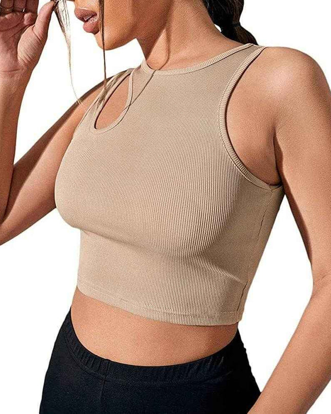 Women's T-Shirts Fashion Hollowed-out Camisole in khaki color, ultra-short length.