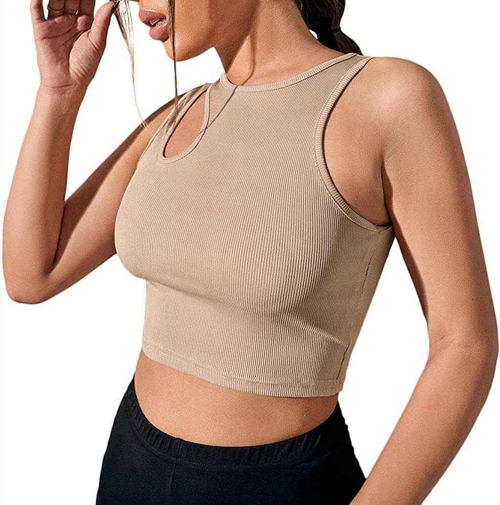 Women's T-Shirts Fashion Hollowed-out Camisole in khaki color, ultra-short length.