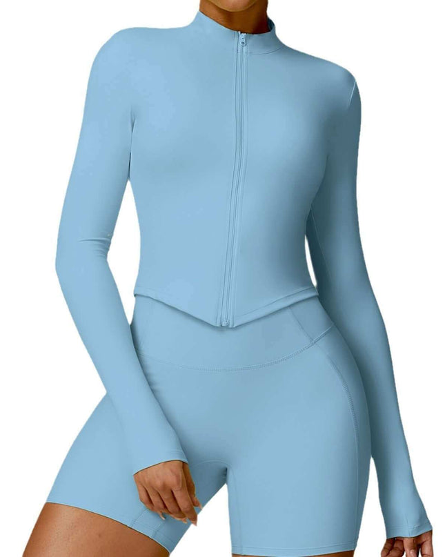 Women's tight long sleeve yoga wear in cloudy blue, high-quality nylon, for comfort and support during workouts.