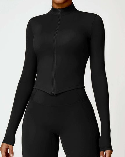 Women's tight long sleeve yoga wear in black, nylon fabric, available in sizes S to XL.