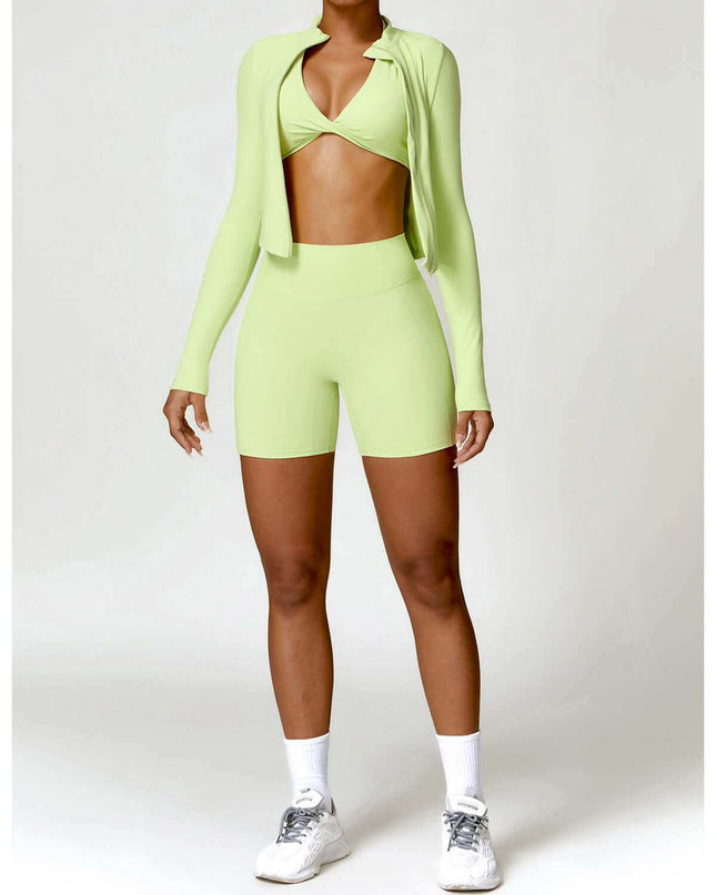 Women's tight long sleeve yoga wear in chartreuse, made of high-quality nylon for comfort and support.