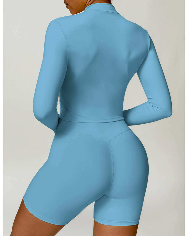 Women's tight long sleeve yoga wear in cloudy blue, comfortable Nylon fabric.