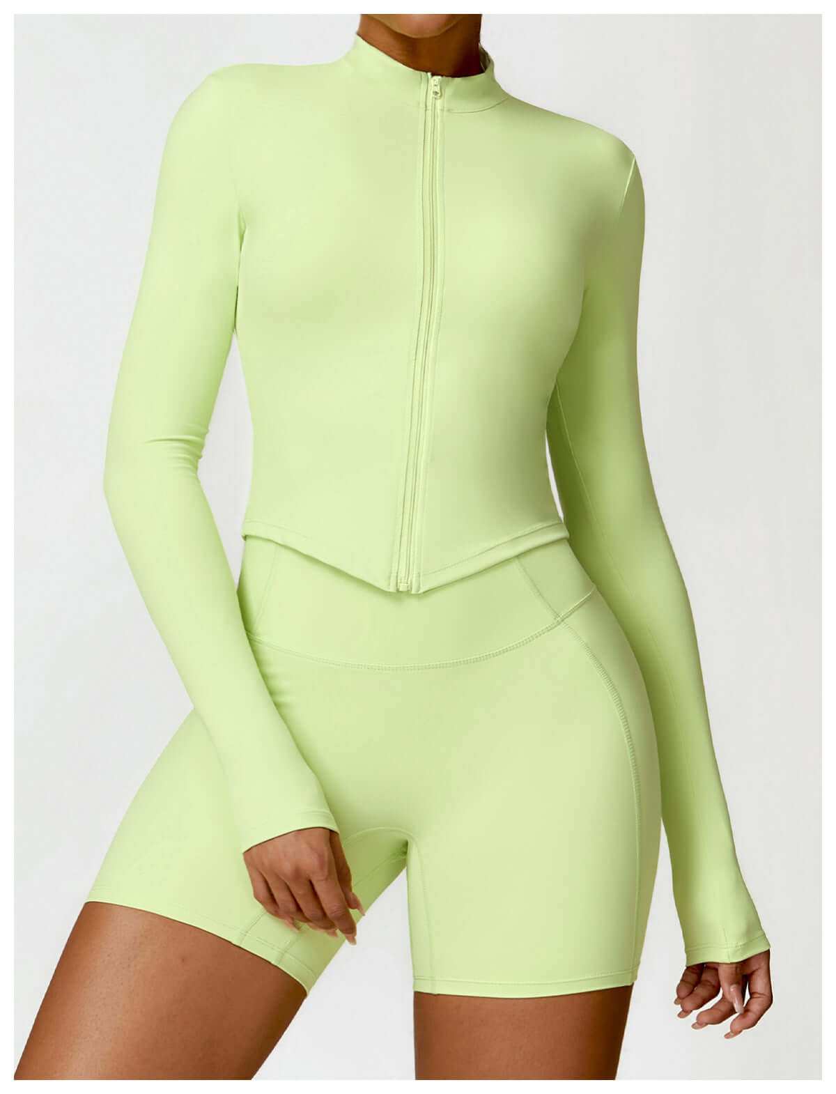 Women's tight long sleeve yoga wear in chartreuse, high-quality nylon fabric, perfect for an active and stylish look.