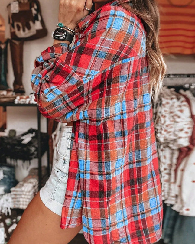 Plaid Collared Neck Long Sleeve Shirt