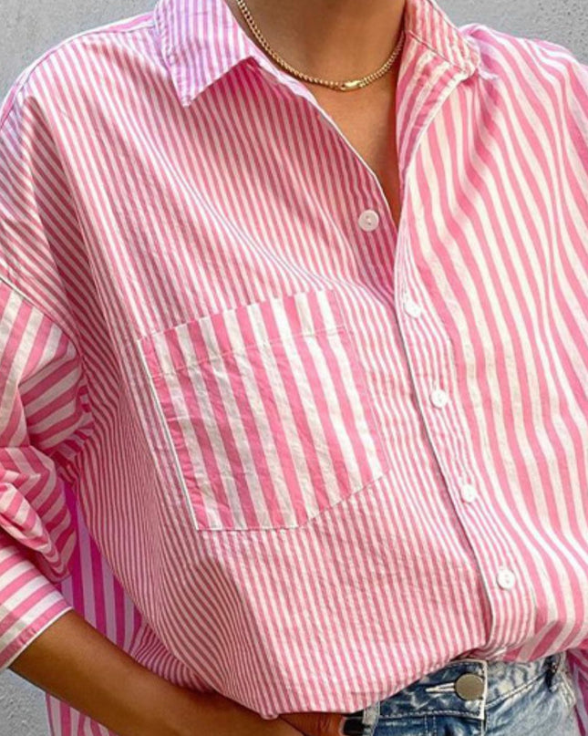 Striped button down long sleeve shirt with pink and white pattern.