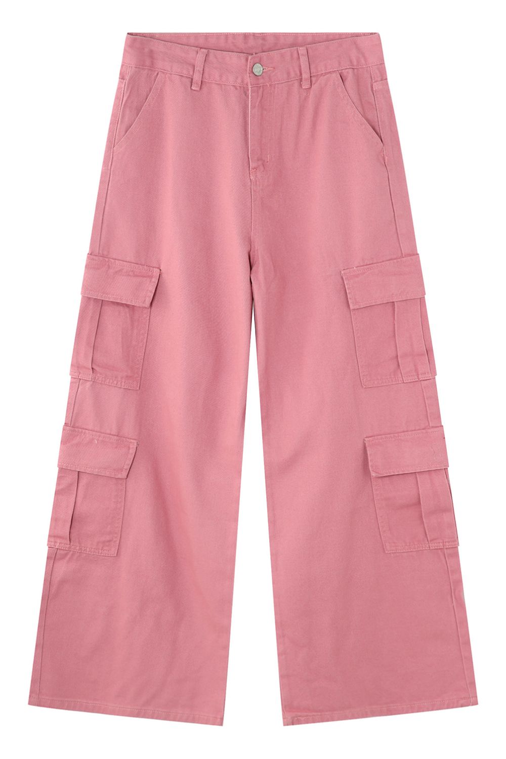 Wide leg cargo jeans in pink with side pockets, made from cotton-viscose blend.