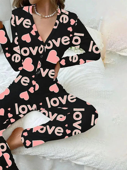 Women Jumpsuit Long Sleeve V Neck Button Closure Letters Heart Print LThe beautiful heart print and V-neck design make it a perfect choice for festive occasions. The long sleeve and button closure add a touch of comfort and conveniencePajamasPlush Fashions ShopPlush Fashion ShopNeck Button Closure Letters Heart Print Loungewear Sleepwear