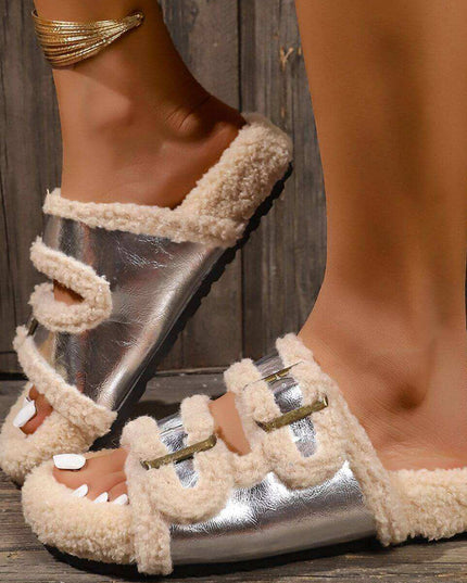 Fluffy Contrast Open Toe Slippers - Plush Fashion Shop #