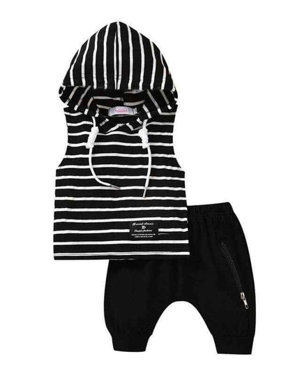 Boys' hooded striped tank top pants set in soft cotton, featuring a trendy hood and stylish stripes, paired with comfortable shorts.