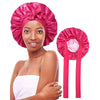 Double layered silk bonnet hair care sleeping hat with elastic tie band, red satin design.