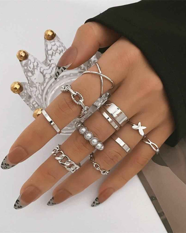 Women's Butterfly Pearl Ring 10-piece Metal Dripping Pearl Ring