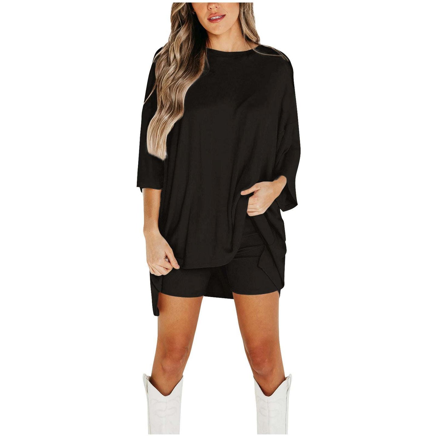 Women's Clothing Fashion Solid Color Loose T-shirt Tight ShortsElevate your wardrobe with our Women's Clothing Fashion Solid Color T-shirt and Shorts set. Made with high-quality viscose fiber, this outfit is not only comfortable2 piece setPlush Fashions ShopPlush Fashion Shop