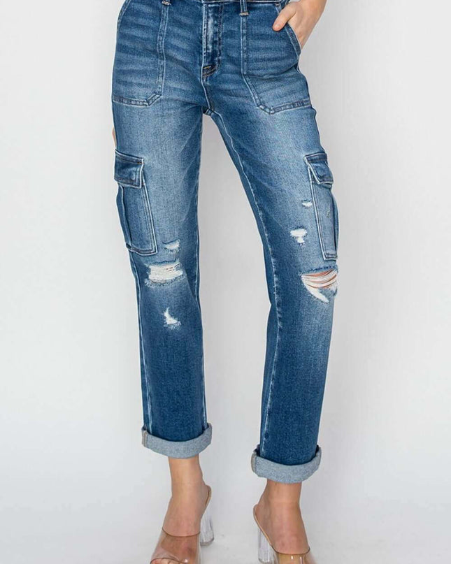 Women's Full Size High Rise Cargo Ankle Roll Up Straight Jeans - Plush Fashion Shop #