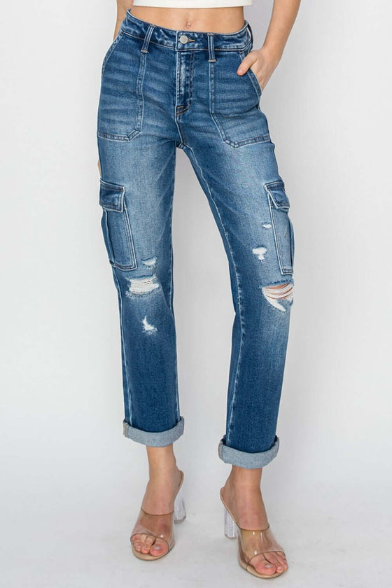 Women's Full Size High Rise Cargo Ankle Roll Up Straight JeansElevate your wardrobe with the trendy and functional RISEN High Rise Cargo Ankle Roll Up Straight Jeans. The high-rise fit accentuates your waist while providing comDenim JeansPlush Fashion ShopPlush Fashion ShopFull Size High Rise Cargo Ankle Roll