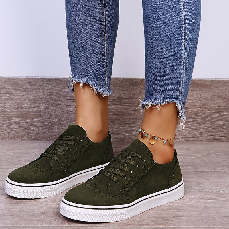 Lace-Up Suedette Flat Sneakers For Women