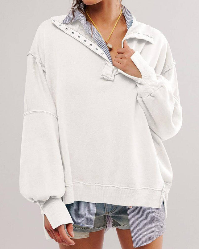 Top Sportswear - Fashion Button Lapel Sweatshirt With Slit Design Pullover Top Sportswear For Women's - Plush Fashion Shop #