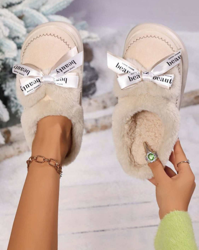 Bow Suede Platform Plush Slippers - Plush Fashion Shop #