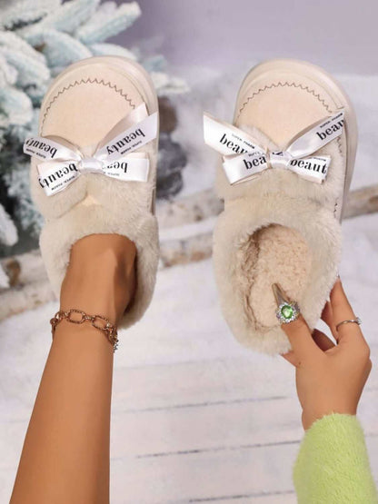 Bow Suede Platform Plush Slippers - Plush Fashion Shop #