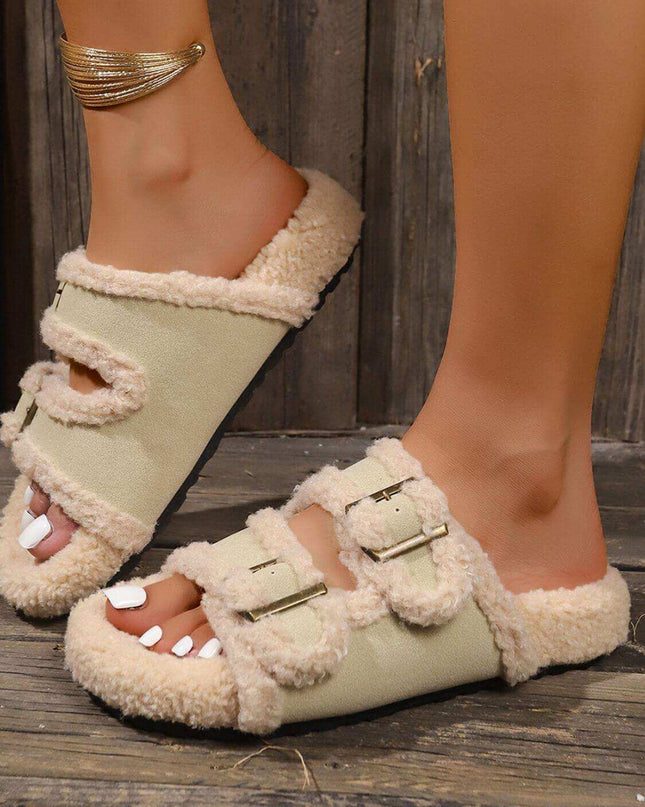 Fluffy Contrast Open Toe Slippers - Plush Fashion Shop #