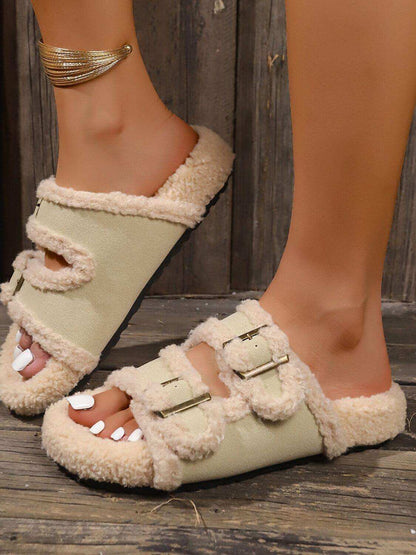 Fluffy Contrast Open Toe Slippers - Plush Fashion Shop #