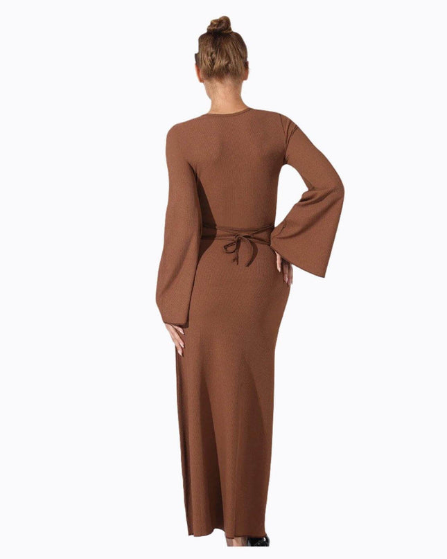 Women's Fashion Simple Solid Color Dress in Coffee, back view, elegant style.