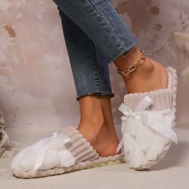 Bow Trim Contrast Slippers - Plush Fashion Shop #