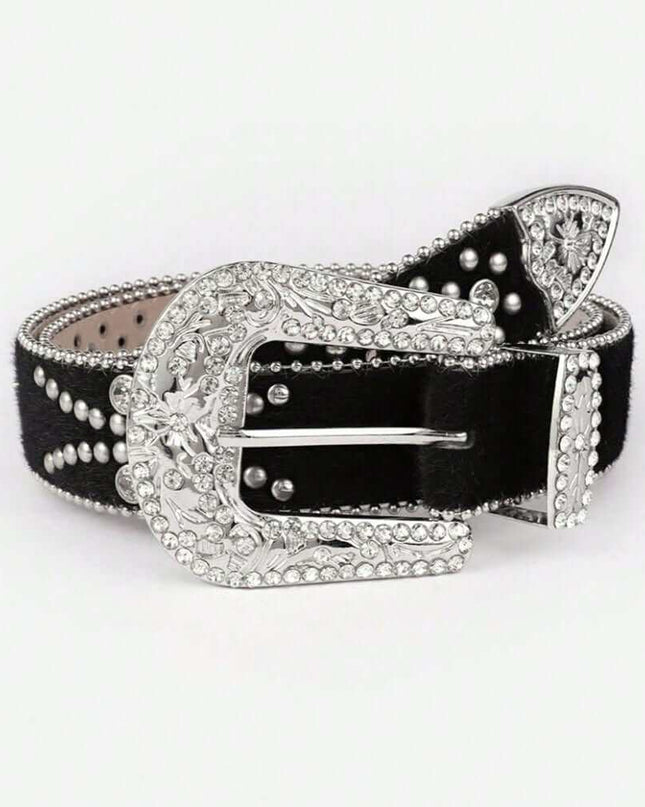 Leather Inlaid Rhinestone Belt - Plush Fashion Shop #