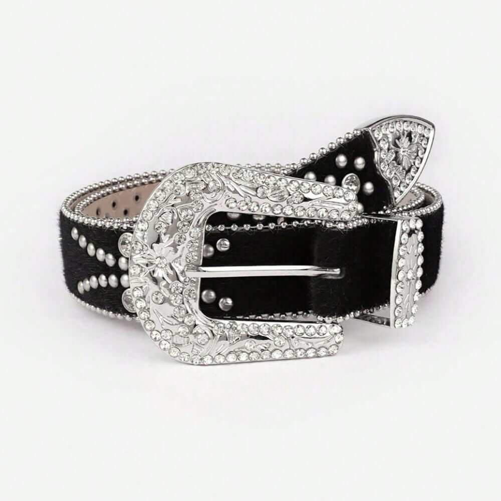 Leather Inlaid Rhinestone Belt - Plush Fashion Shop #