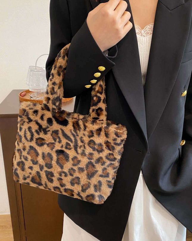 Leopard Fluff Handbag With Zip - Plush Fashion Shop #