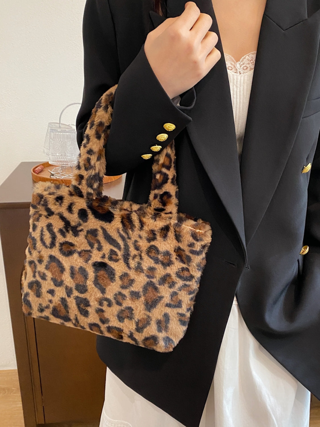 Leopard Fluff Handbag With Zip - Plush Fashion Shop #