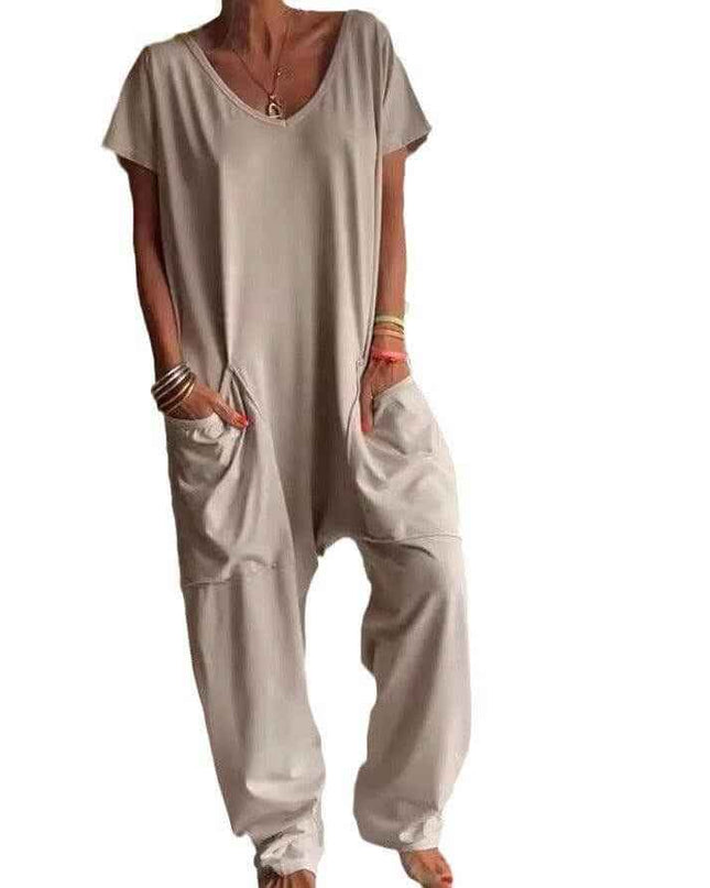 Womens Solid Color V-neck Oversized Pocket Jumpsuit