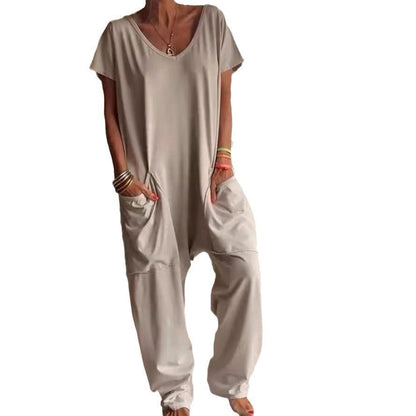 Womens Solid Color V-neck Oversized Pocket Jumpsuit