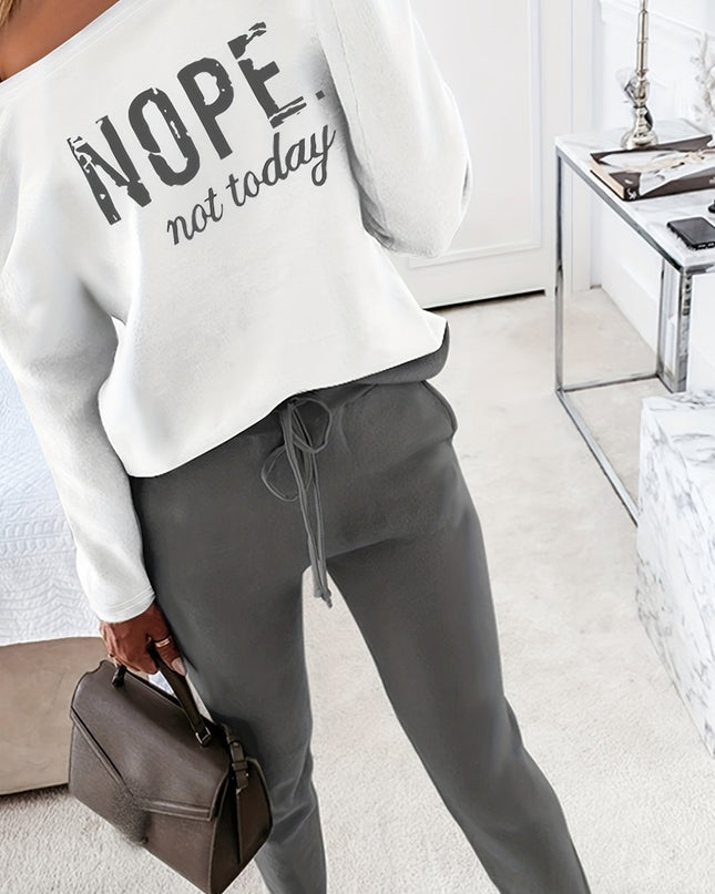 Women's 2 Piece Nope Not Today Print Skew Neck Long Sleeve Pullover Top with Stretchy Waist Long Pants Outfit