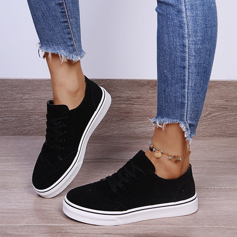 Lace-Up Suedette Flat Sneakers For Women