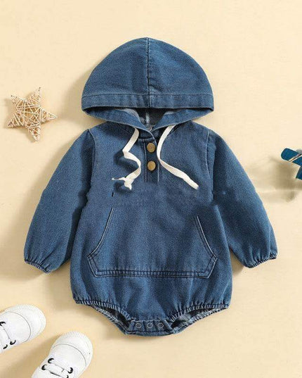 Boys' Denim Hooded Triangle Rompers Outing Jumpsuit - Plush Fashion Shop #