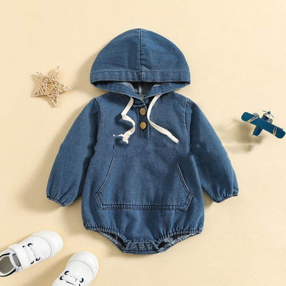 Boys' Denim Hooded Triangle Rompers Outing Jumpsuit - Plush Fashions Shop 