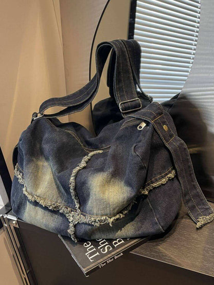 Raw Hem Gradient Crossbody Bag for Women in Denim with Large Capacity