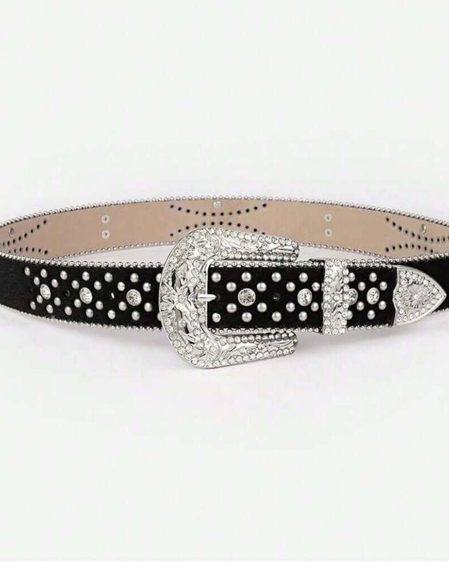 Leather Inlaid Rhinestone Belt - Plush Fashion Shop #