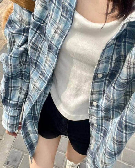 Fashionable Blue Plaid Shirt For Women - Plush Fashion Shop #