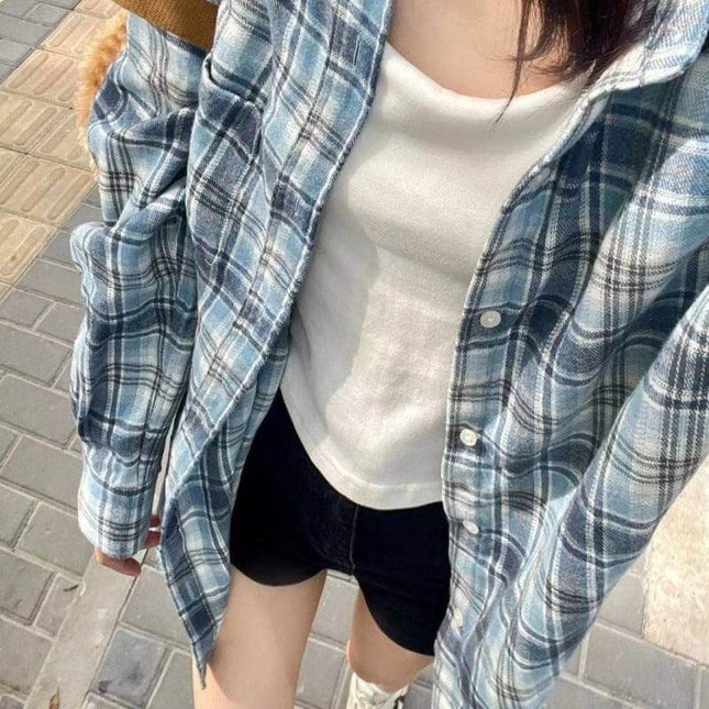 Fashionable Blue Plaid Shirt For Women - Plush Fashion Shop #