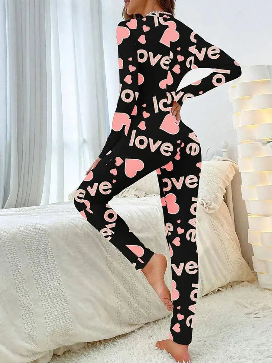 Women Jumpsuit Long Sleeve V Neck Button Closure Letters Heart Print LThe beautiful heart print and V-neck design make it a perfect choice for festive occasions. The long sleeve and button closure add a touch of comfort and conveniencePajamasPlush Fashions ShopPlush Fashion ShopNeck Button Closure Letters Heart Print Loungewear Sleepwear