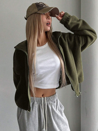 Honey zip up long sleeve cropped jacket in olive green with a basic style and thin polyester material.