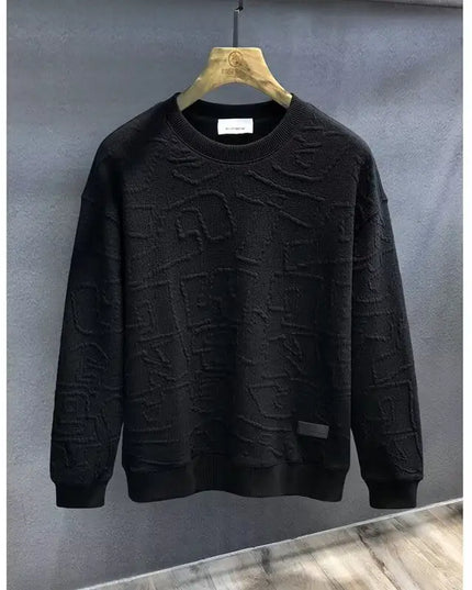 Black textured round neck long sleeve sweatshirt showcasing a stylish, modern design