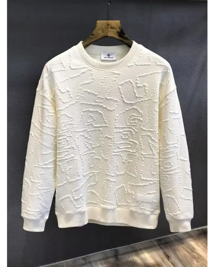 Textured white crewneck sweatshirt showcasing a stylish round neck long sleeve design