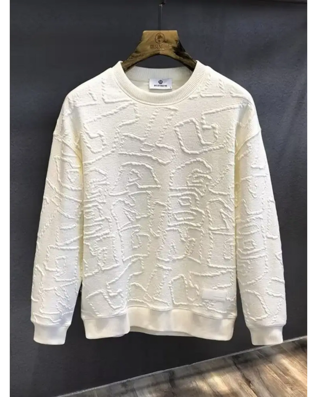 Textured white crewneck sweatshirt showcasing a stylish round neck long sleeve design