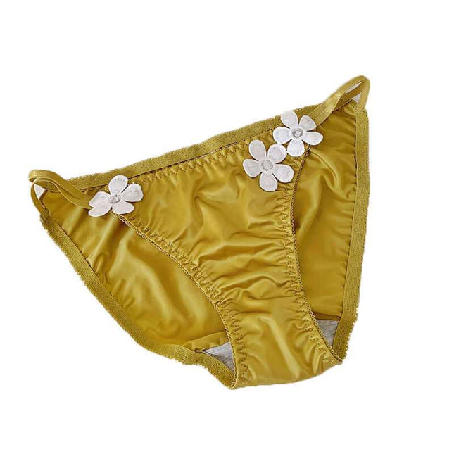 Pure Desire Underwear women's silky embroidered floral low waist briefs in yellow.