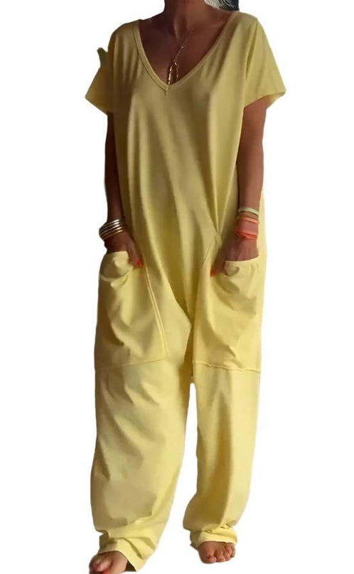 Womens solid color V-neck oversized pocket jumpsuit in yellow.